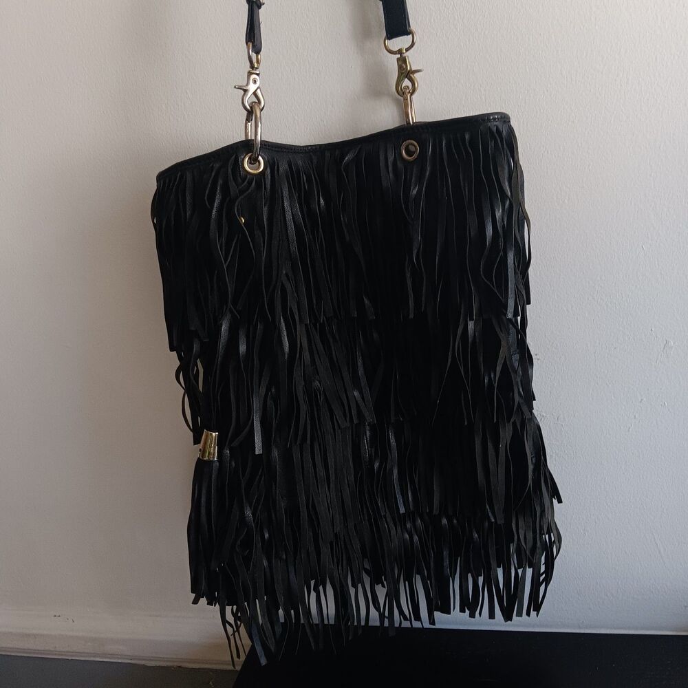 Zara 4 Teir Boho Black Fringe Leather Purse Bag Grunge Hippie Pockets Tassels